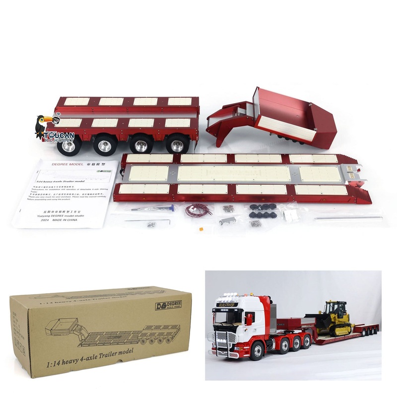 1/14  DG-999 4 Axles RC Heavy Trailer Painted  CNC Gooseneck Trailers for Remote Controlled Tractor Truck Hobby Model Red