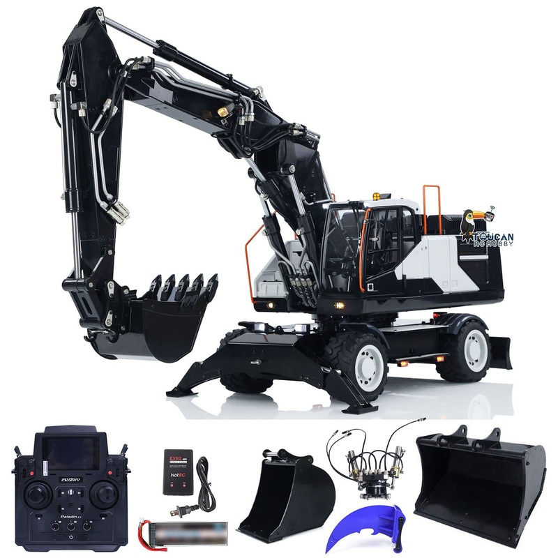 EC380 1/14 RC Hydraulic Excavator Wheeled Construction Vehicle 3-arm Remote Control Diggers Model Grab Tiltable Clamshell Bucket Come with Hydraulic Grab