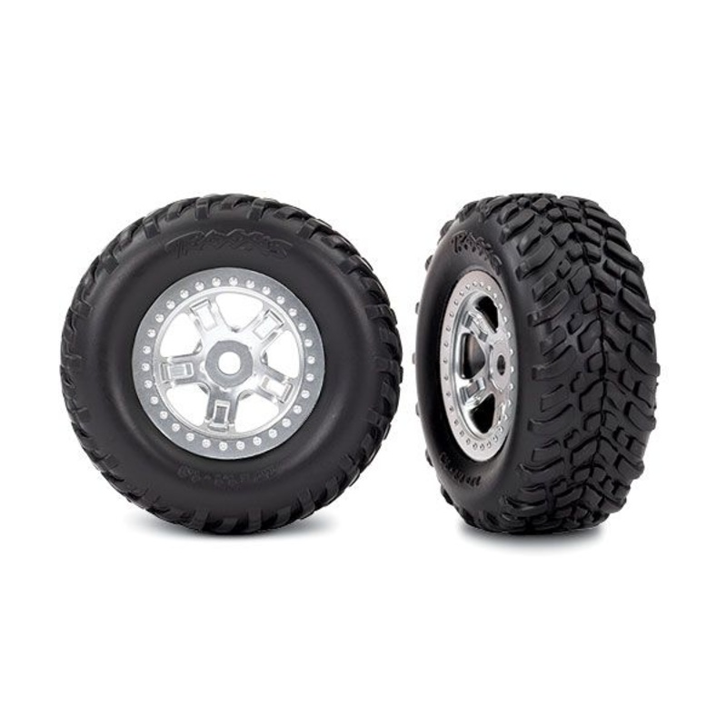 7073 – Tires and wheels, assembled, glued (SCT satin chrome wheels, SCT off-road racing tires, foam inserts) (1 each, right & left)