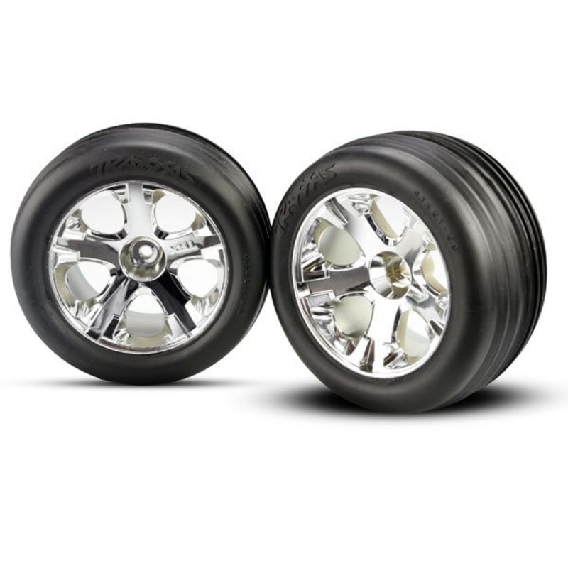 3771 – Traxxas Tires & wheels, assembled, glued (2.8′)(All-Star chrome wheels, Ribbed tires