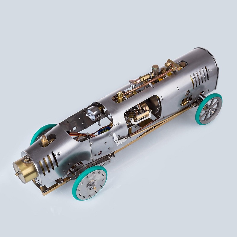 Bullet-shaped Steam Car Classic Vehicle Model Kit with V4 Steam Engine Gearbox Boiler Handmade KIT Version without Transmitter Receiver and Battery